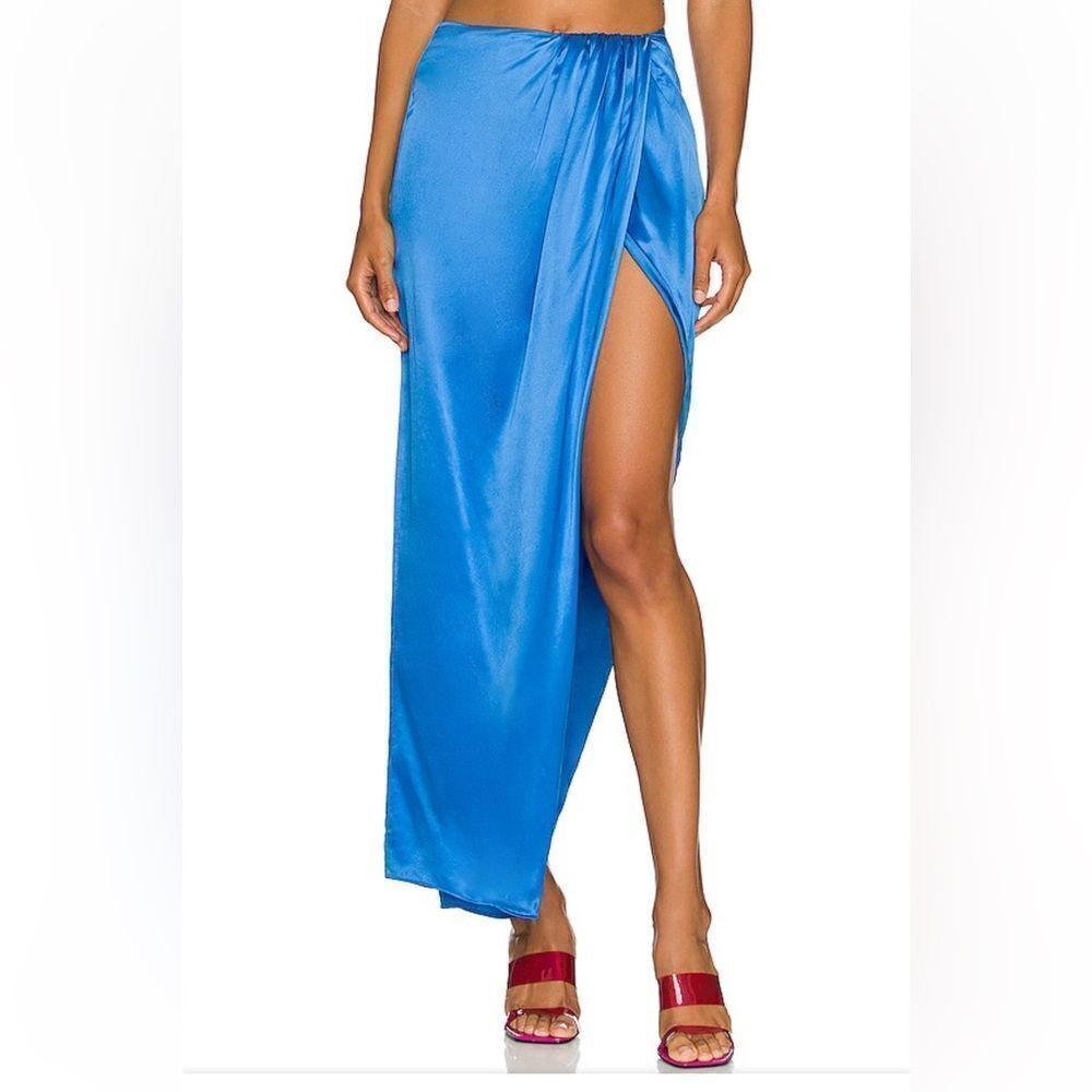Nicholas Manon Skirt in Olympic blue satin wrap high slit midi Revolve nwt